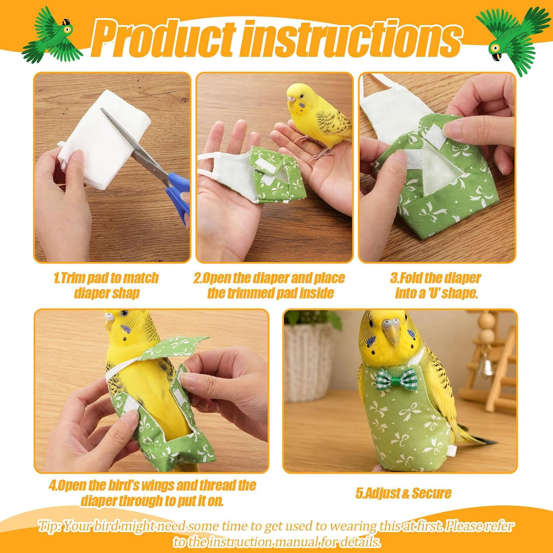 6pcs Bird Diapers, Reusable Leakproof Diaper Soft Comfortable