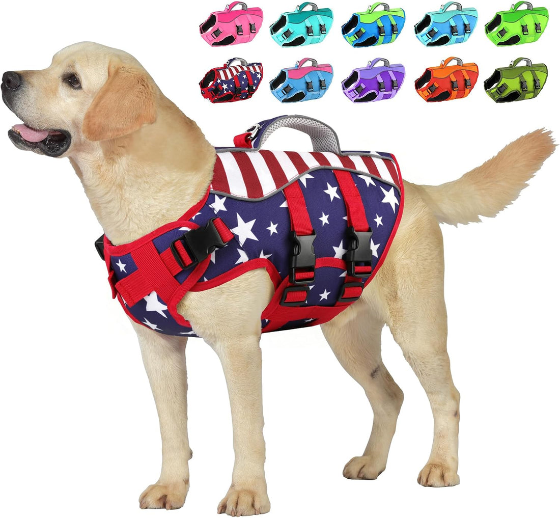 Petglad Dog Life Jacket with Handle Adjustable Swim Vest, Blue & Green