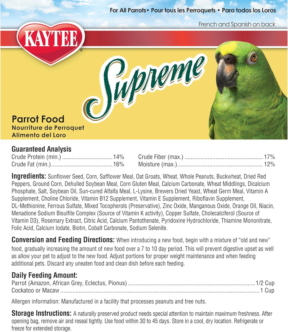 Kaytee Supreme Pet Parrot Food, Natural Seed & Grain Blend, 5 Pounds