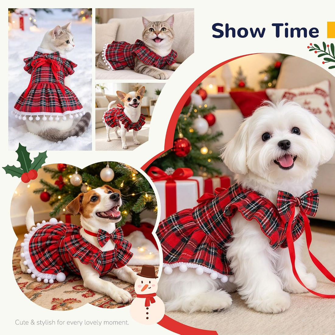 ABRRLO Plaid Small Dog Cat Christmas Dress Outfits with Bow & Leash