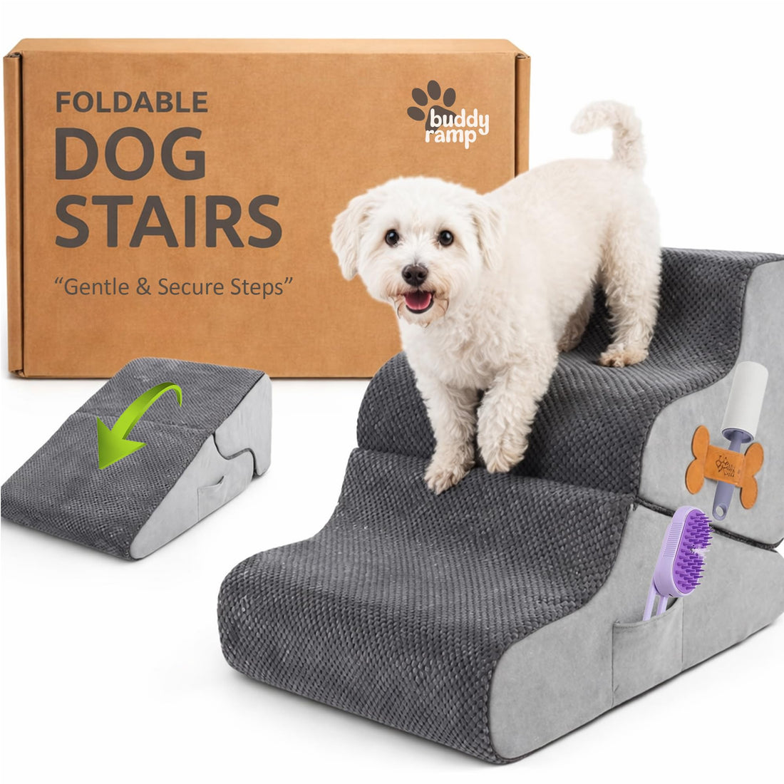 Dog Stairs for Bed & Couch โ BuddyRamp 2-in-1 Foldable Dog Stairs
