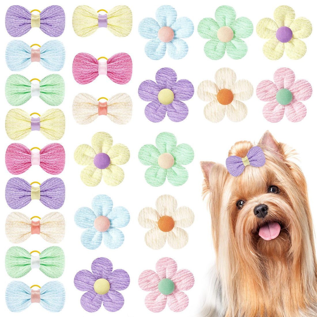 SUMMORO 24Pcs Cute Flower Dog Hair Bows with Rubber Bands Handmade