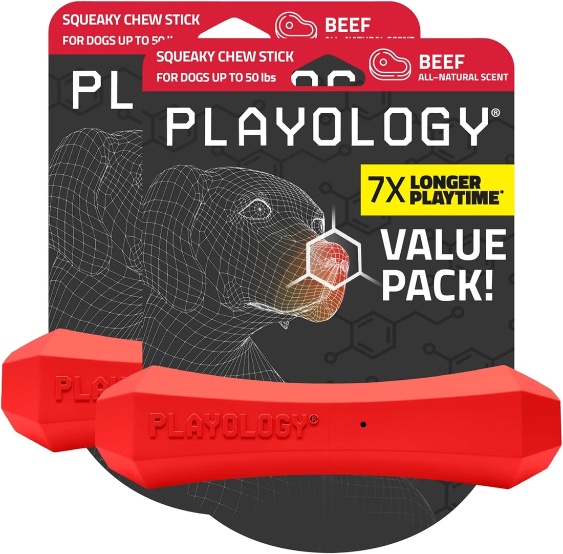Playology Squeaky Chew Stick - Scented Dog Toy - Jumbo, Beef Scent