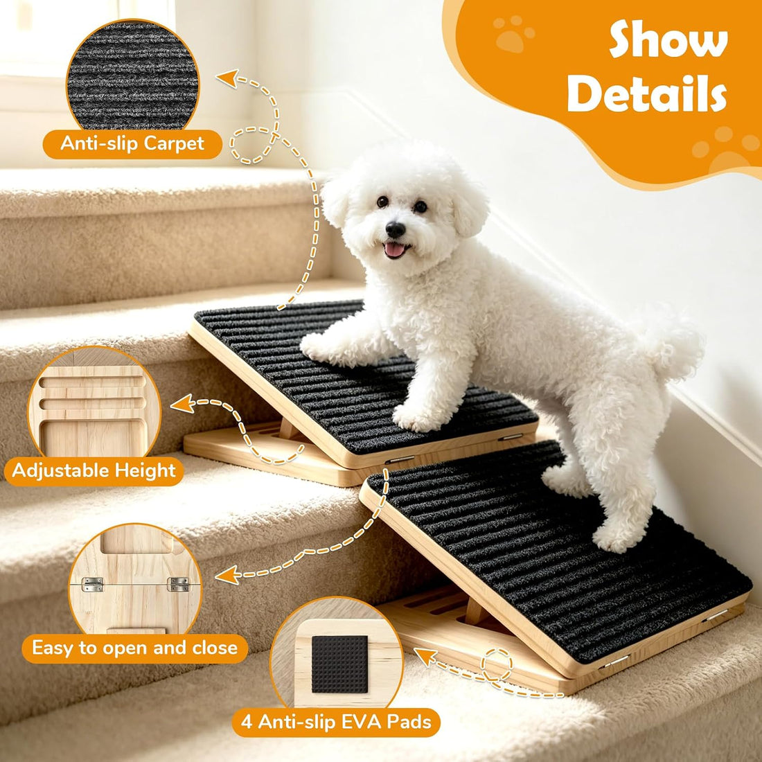 Adjustable Dog Ramp for Stairs - 3 Pack, Dog Stairs for Small Dogs