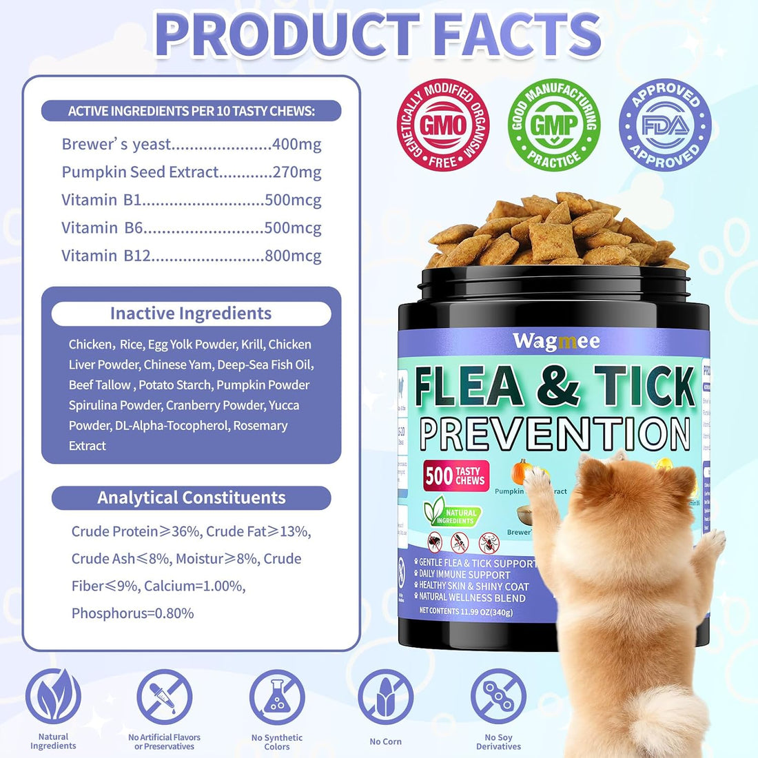 Flea and Tick Prevention for Dogs, 500 Crunchy Tasty Chews
