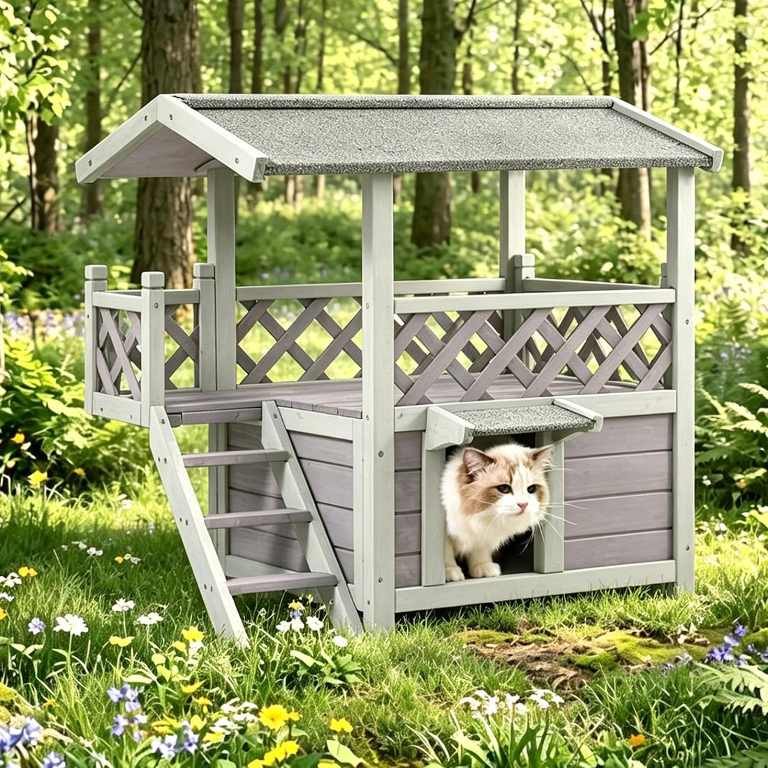 2-Story Heated Cat House Outdoor Indoor Solid Wood Kitty Condo