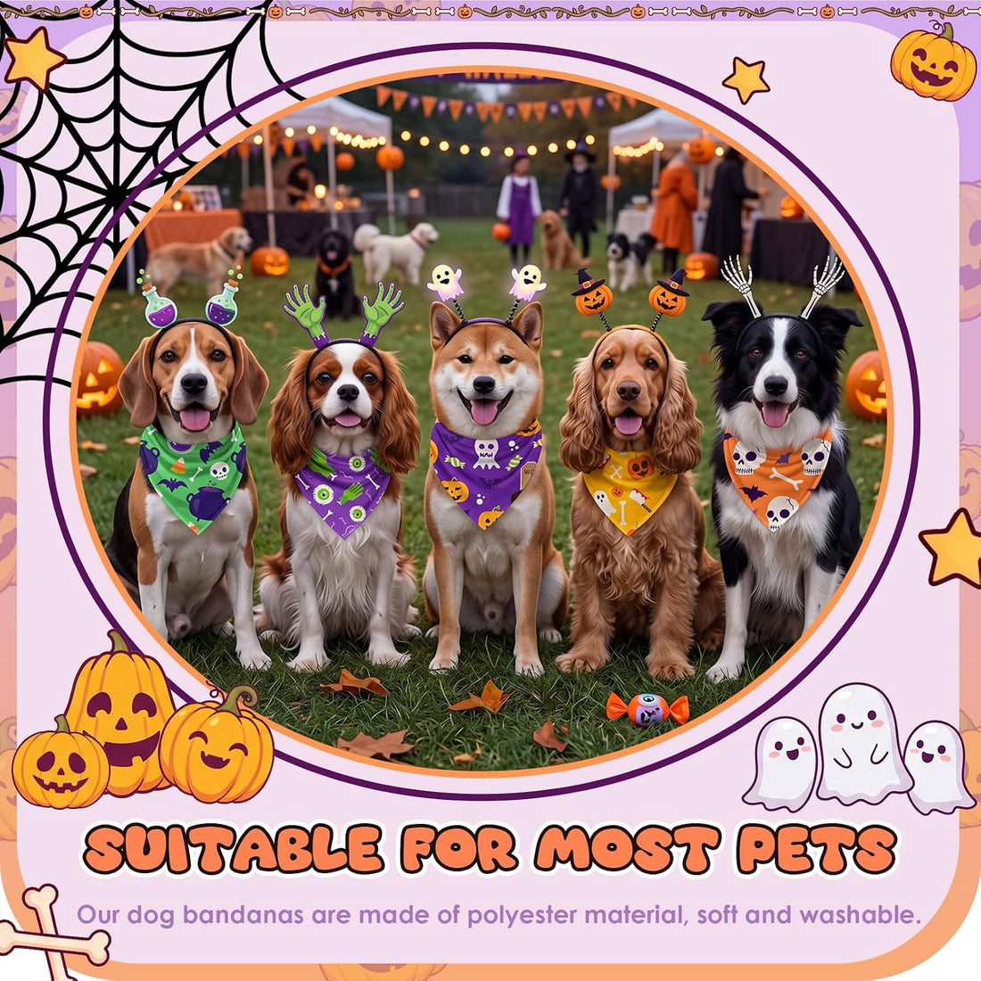 50 Pcs Halloween Dog Bandanas Bulk, Pumpkin Ghost Bat Skull Pattern