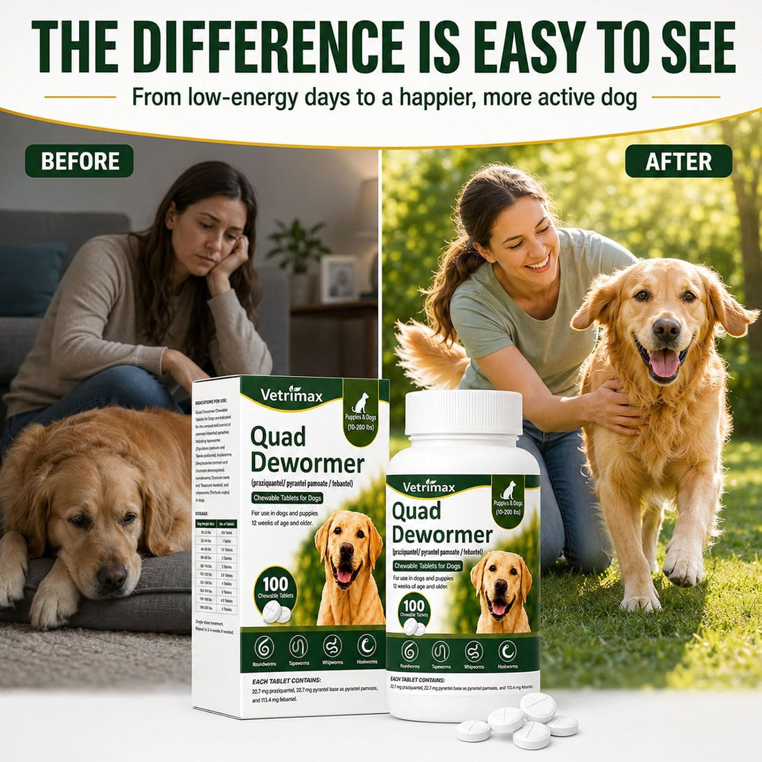 Quad Dewormer for Dogs, 4-Way Wormer for Whipworm, Tapeworm