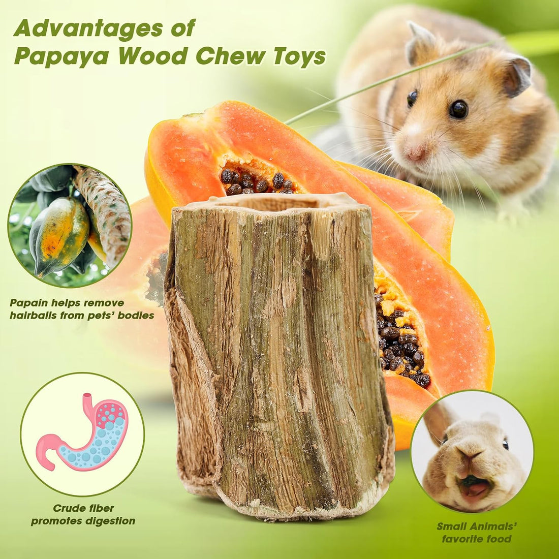 Abizoo Natural Bunny Chew Toys,6 Pcs Organic Papaya Wood Sticks Chew