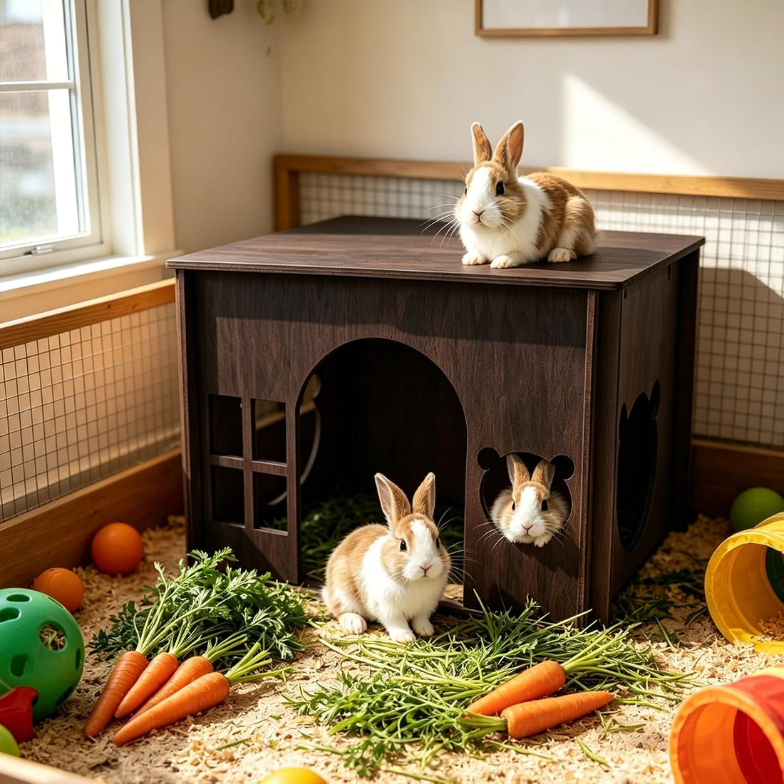 Large Sturdy Wooden Rabbit Castle Hideout with Spacious Balcony