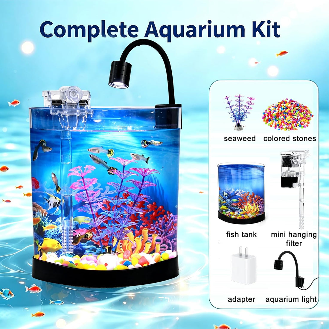 1 Gallon Fish Tank, Half Moon Shape, Mini Aquarium Starter Kit