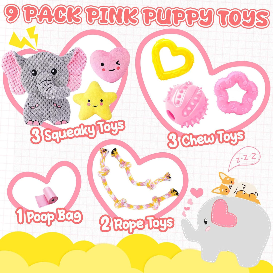 XIUGOAL Pink Puppy Toys - 9 Pack Puppy Chew Toys for Teething