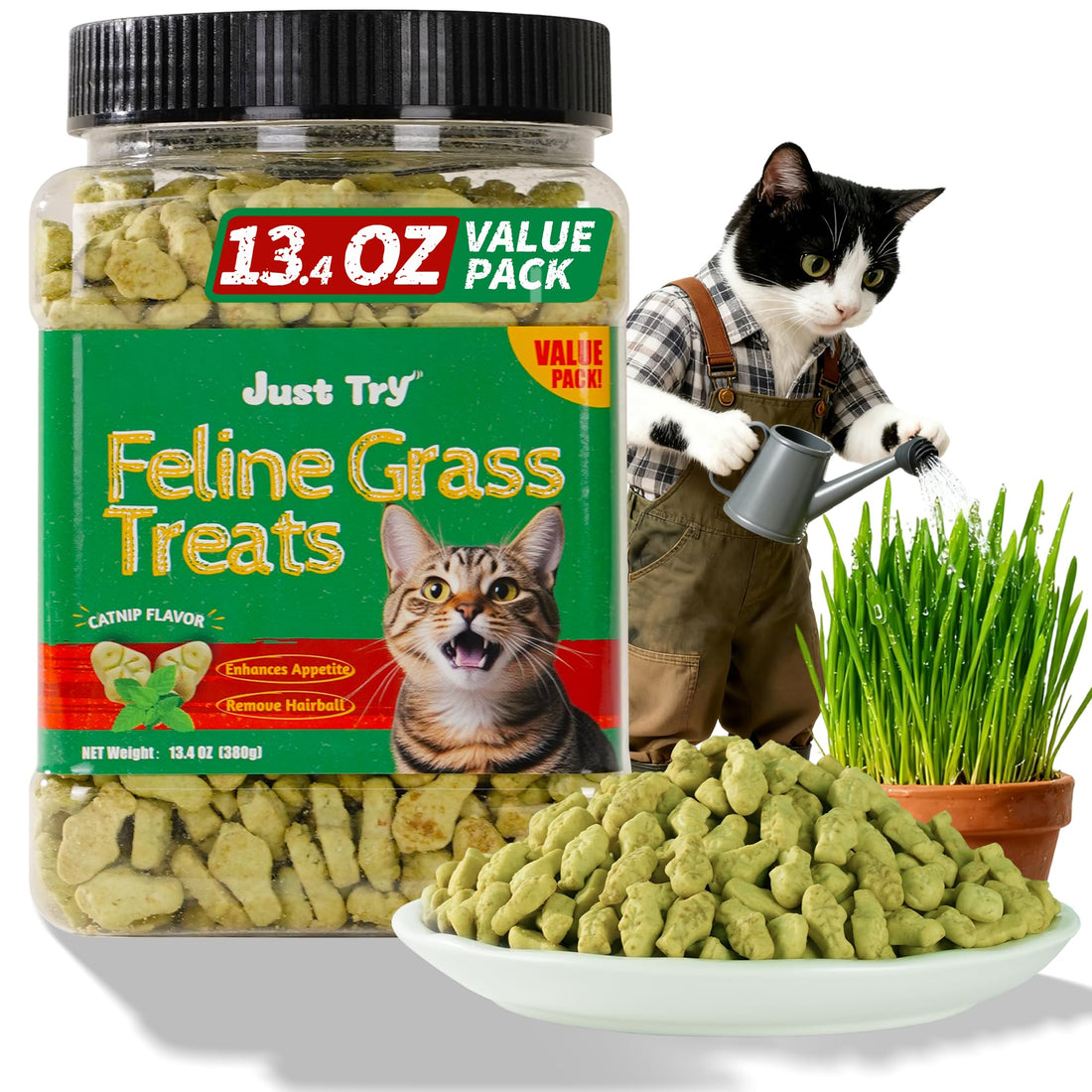 Just Try Cat Grass Treats for Indoor Cats Hairball Control 13.4 OZ