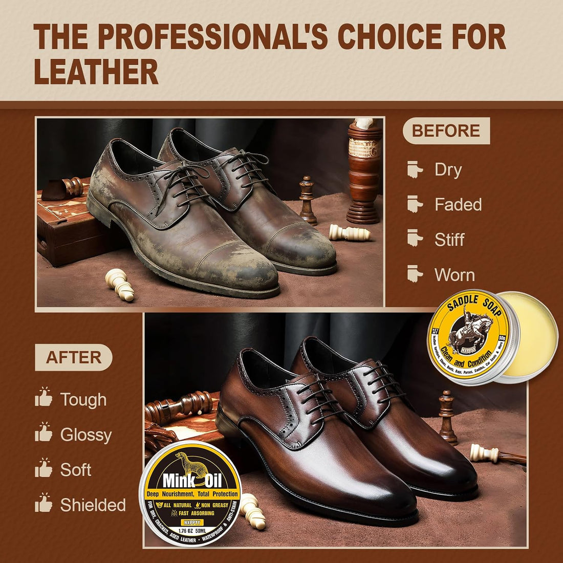 Leather Boot Care Kit, Mink Oil & Saddle Soap for Leather Cleaner