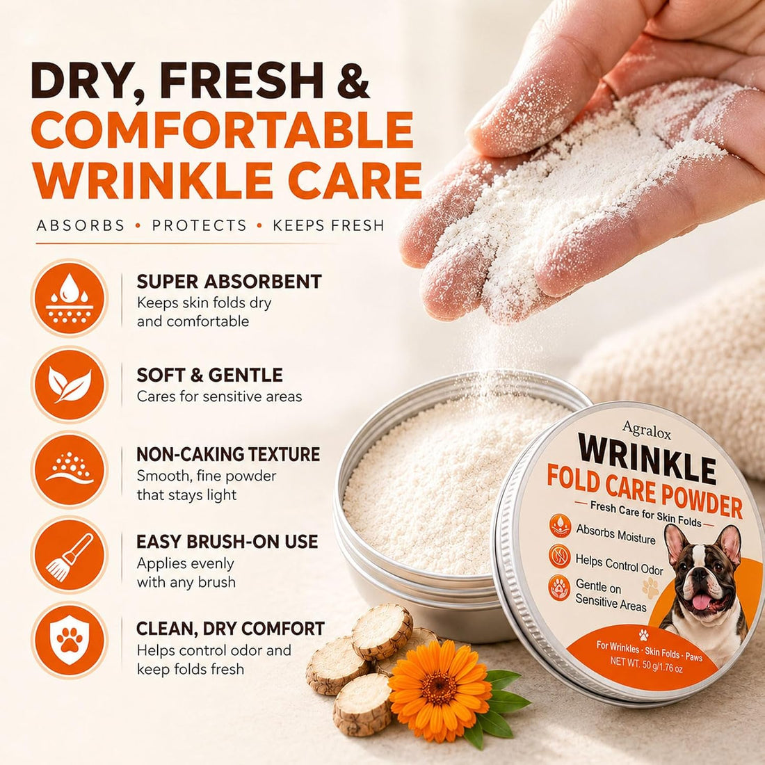 Bulldog Wrinkle Powder for Dogs with Brush, Moisture & Odor Care, 50 g