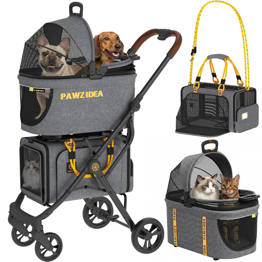 PAWZIDEA Double Pet Stroller with 2 Detachable Carrier for Multiple