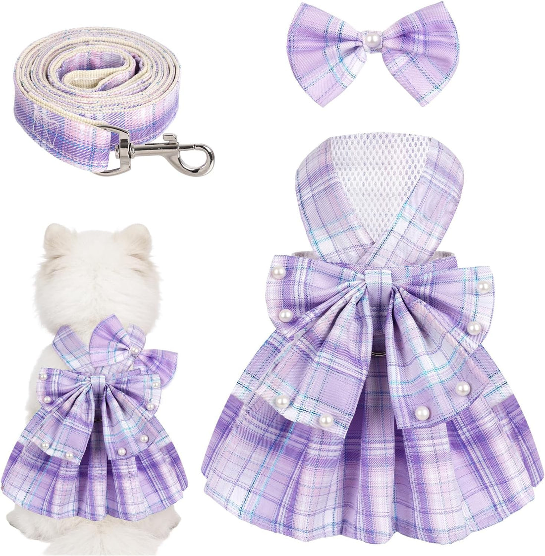 Dog Plaid Dress Harness and Leash Set with Pearls Bow Adjustable