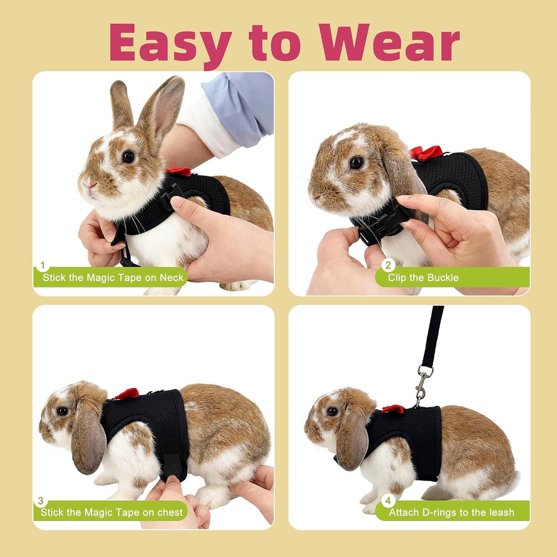 AIITLE Breathable Bunny Harness and Leash Set with Cute Bow, Black S
