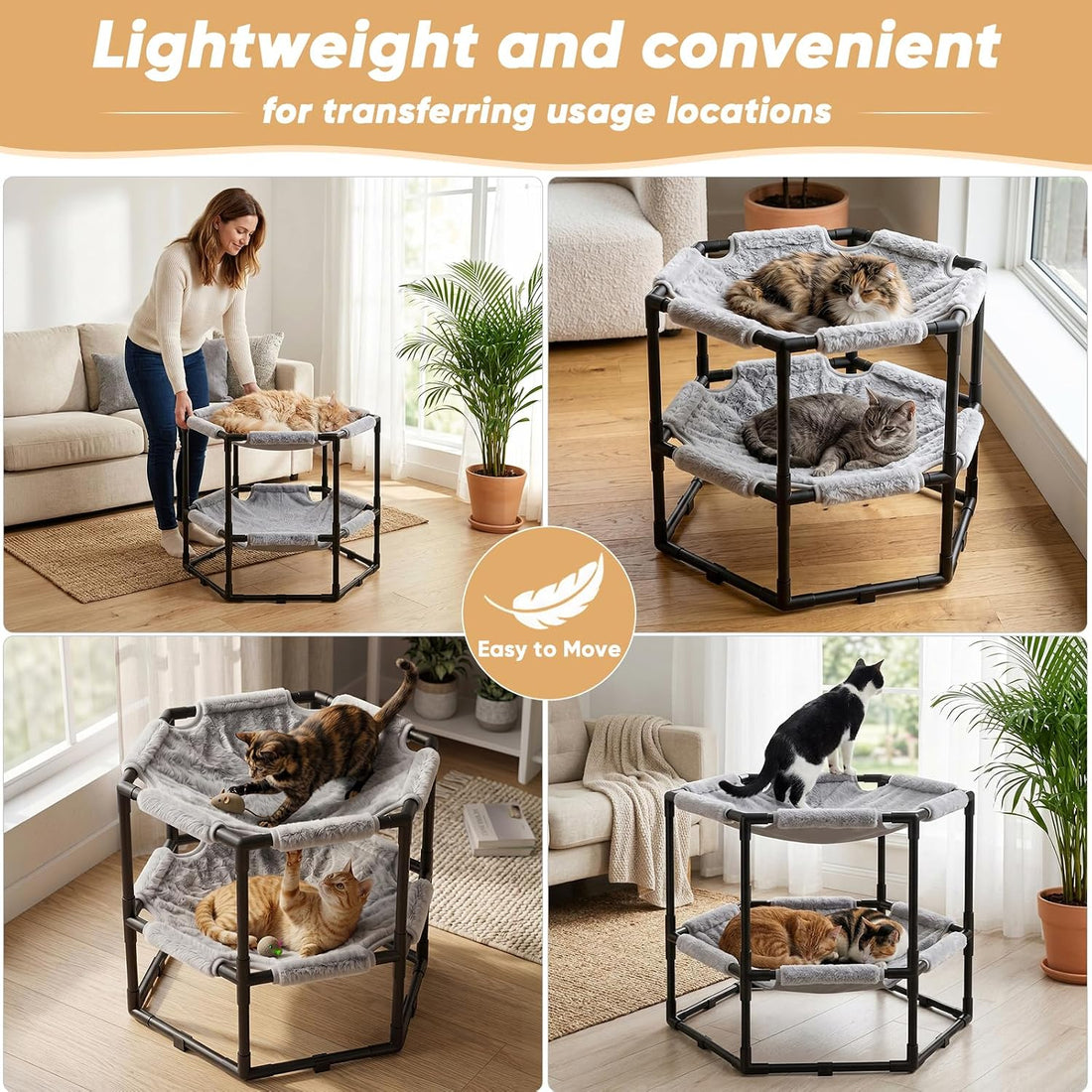 Elevated Cat Hammock Bed, Hexagon Raised Cat Bunk Bed Swing Cot Chair