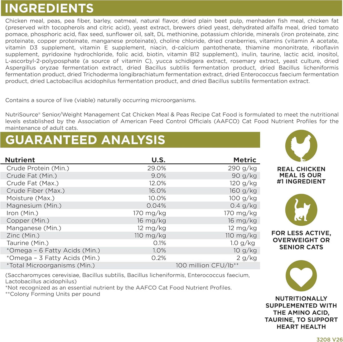 NutriSource Senior & Weight Management Dry Cat Food, Chicken & Peas