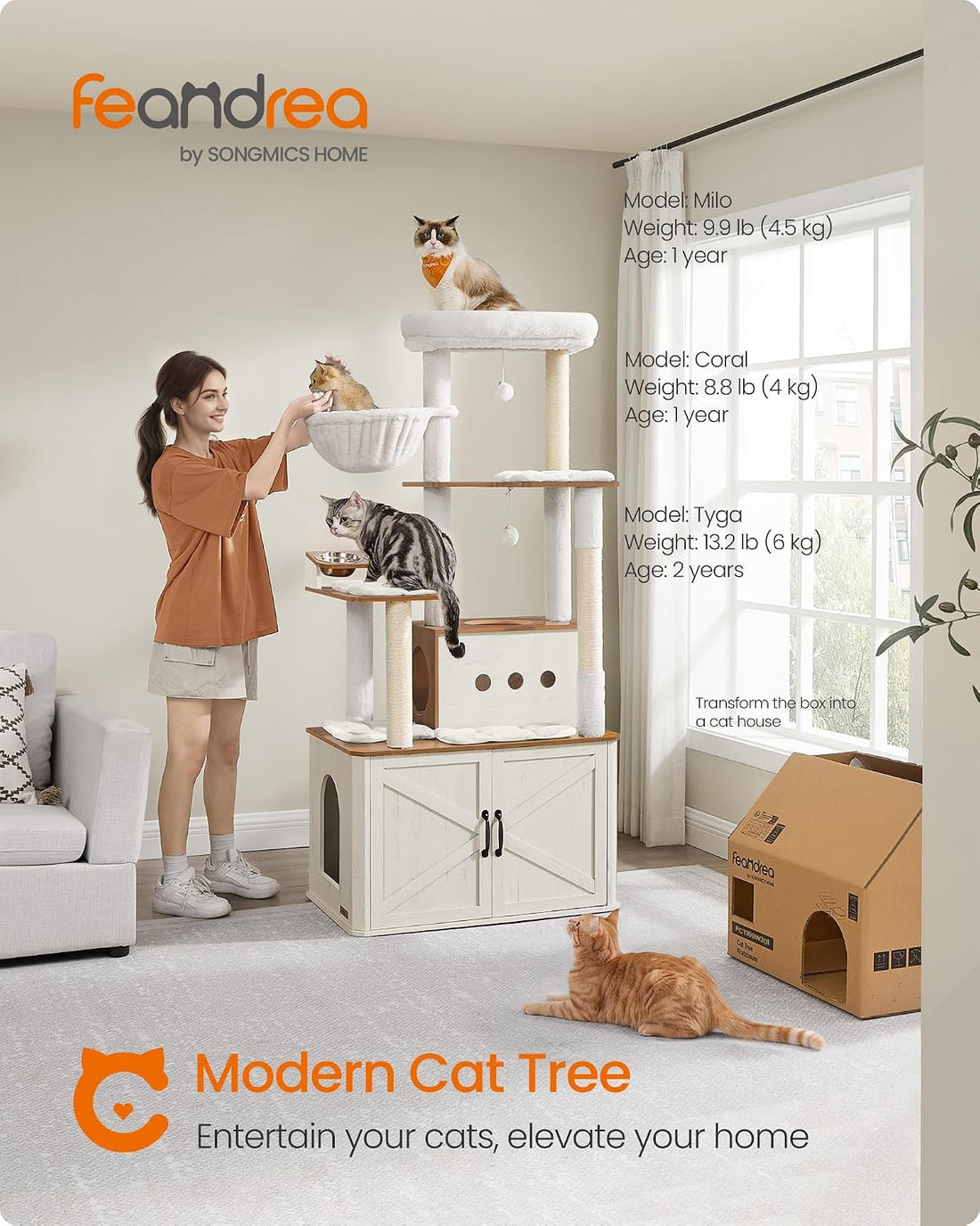 Feandrea Cat Tree, 66.9-Inch Cat Tower with Litter Box Enclosure