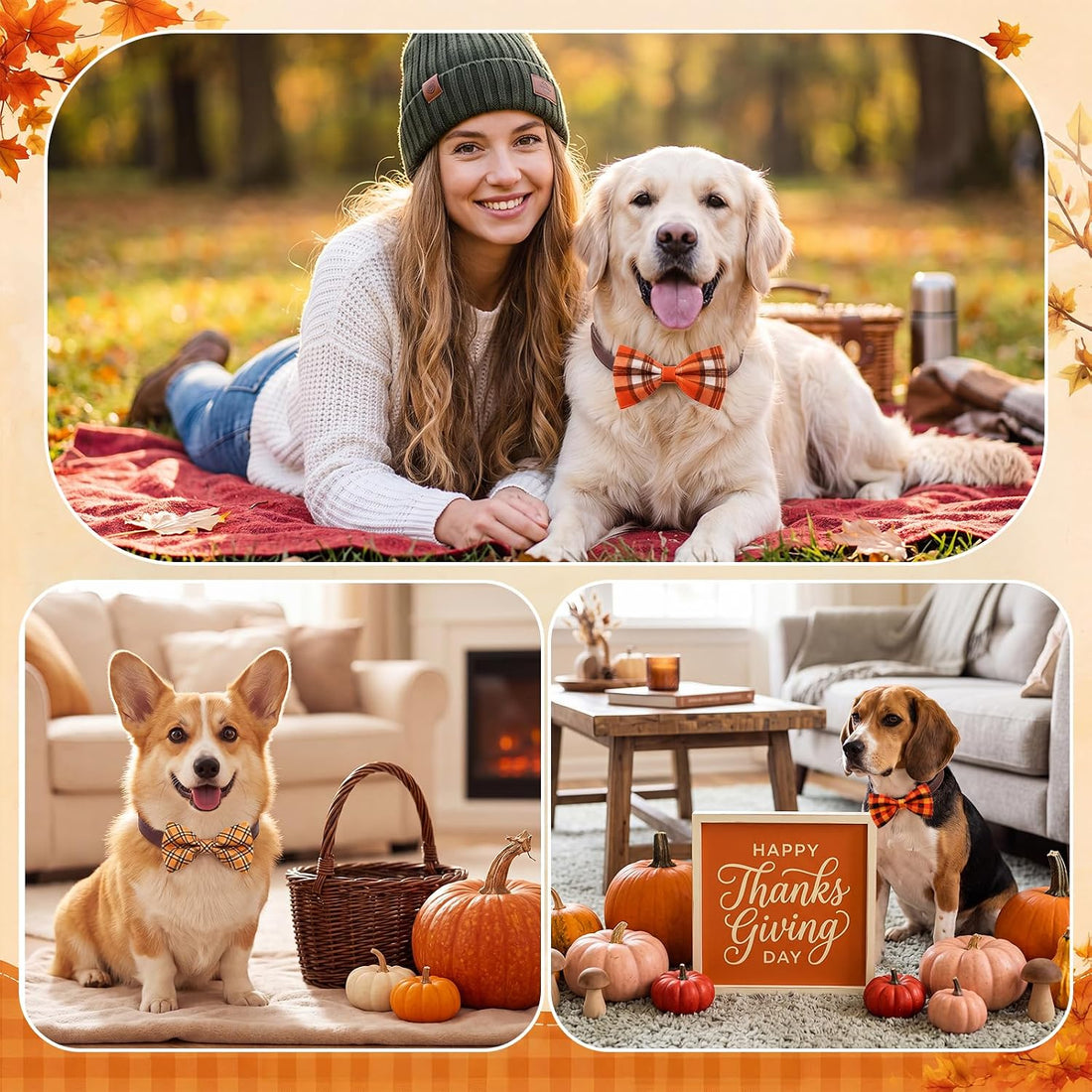 Silkfly 60 Pcs Fall Thanksgiving Plaid Dog Collar Bow Ties Bulk