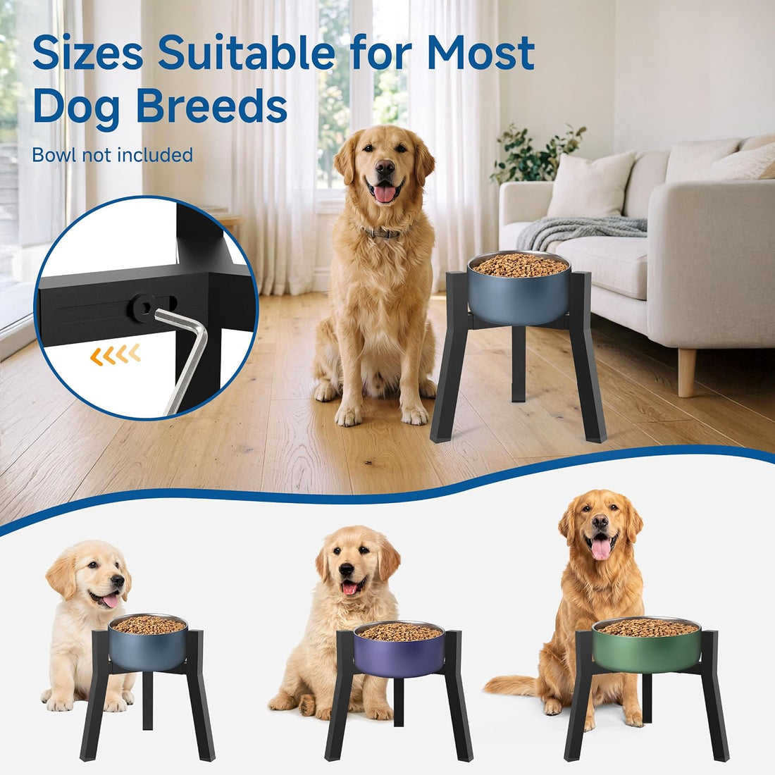 Adjustable Single Elevated Dog Bowl Stand, Lifted Holder No Bowls
