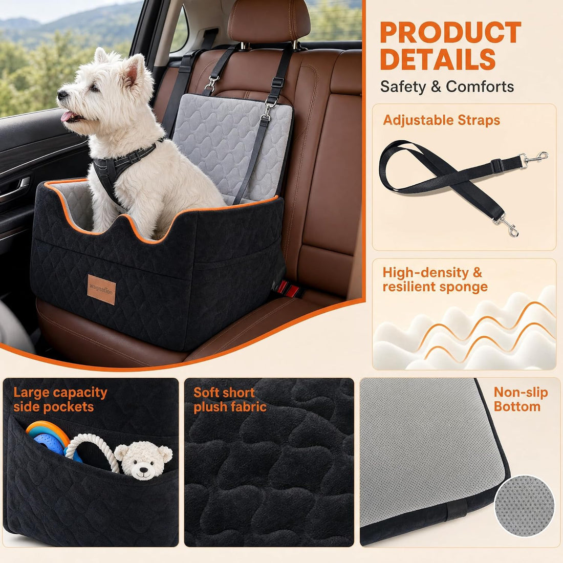wagnation Dog Car Seat for Small/Medium Dogs Under 35lbs