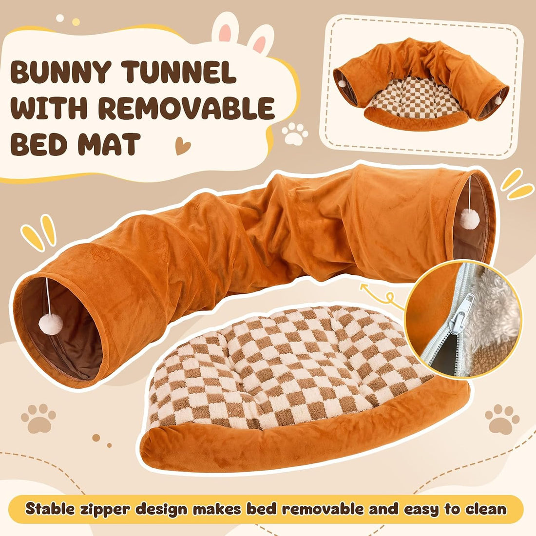 Bunny Tunnel for Rabbits, 2-in-1 Rabbit Tube Toys with Removable Mat