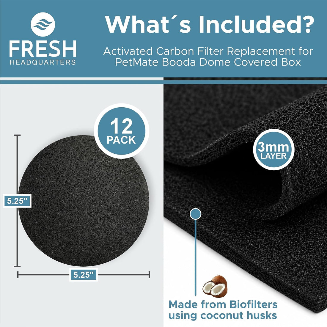 FRESH HEADQUARTERS 12-Pack Activated Carbon Litter Box Filters