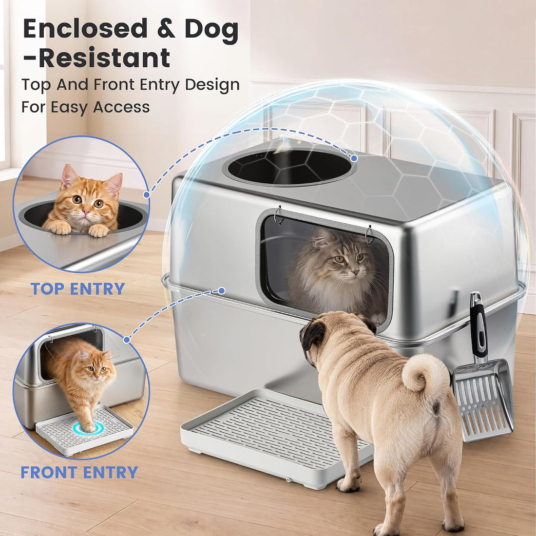 Stainless Steel Litter Box with Lid, Side Entry, 23.1x14.7x15.3 in