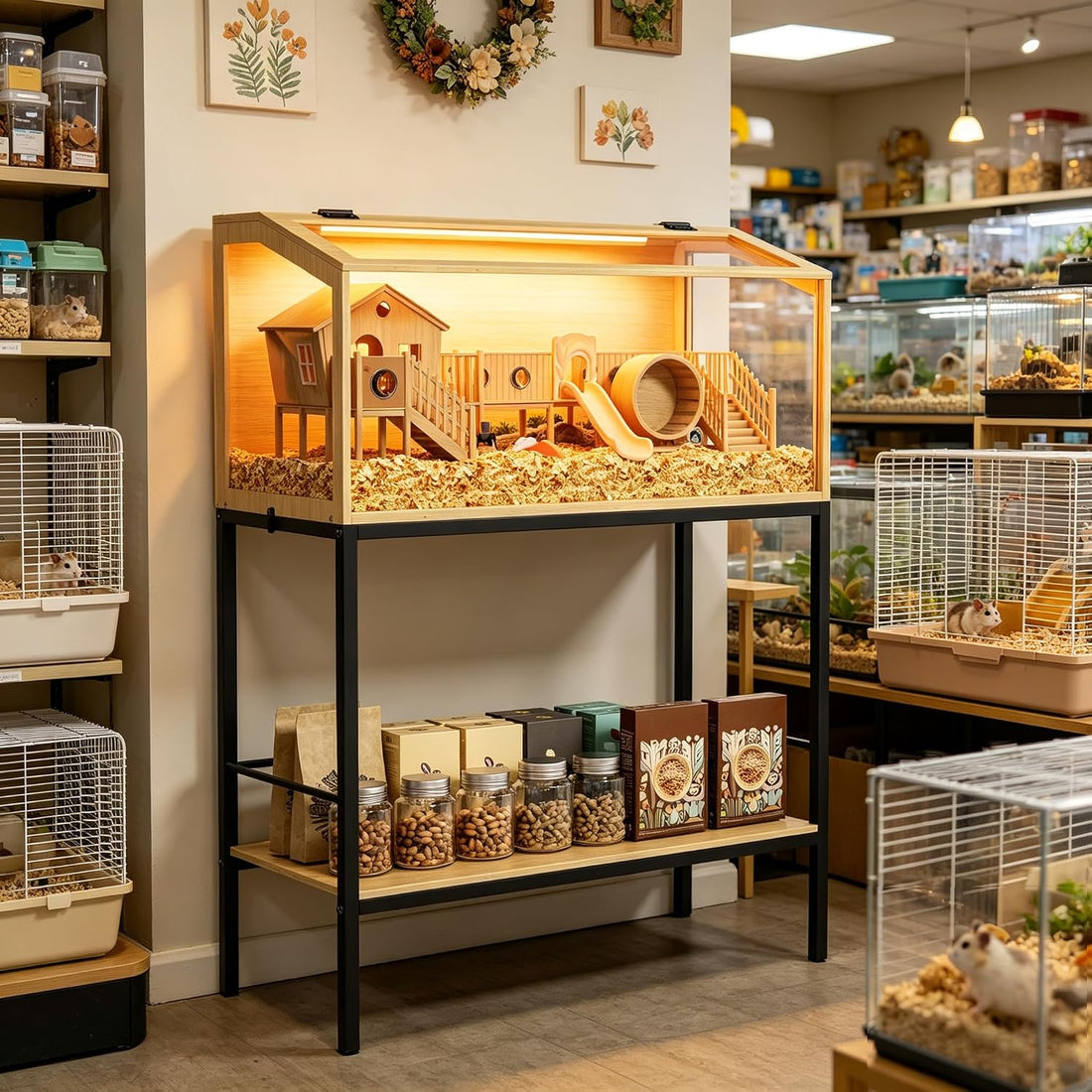 Hamster Cage: 24inch Wooden Small Animal Cage with Warm Light