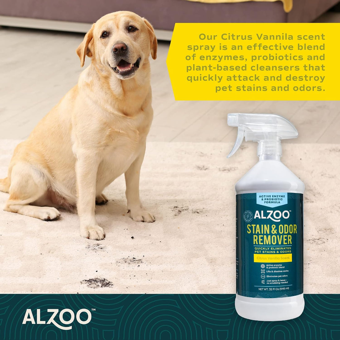 ALZOO Pet Stain & Odor Remover, Citrus Vanilla, 32 oz