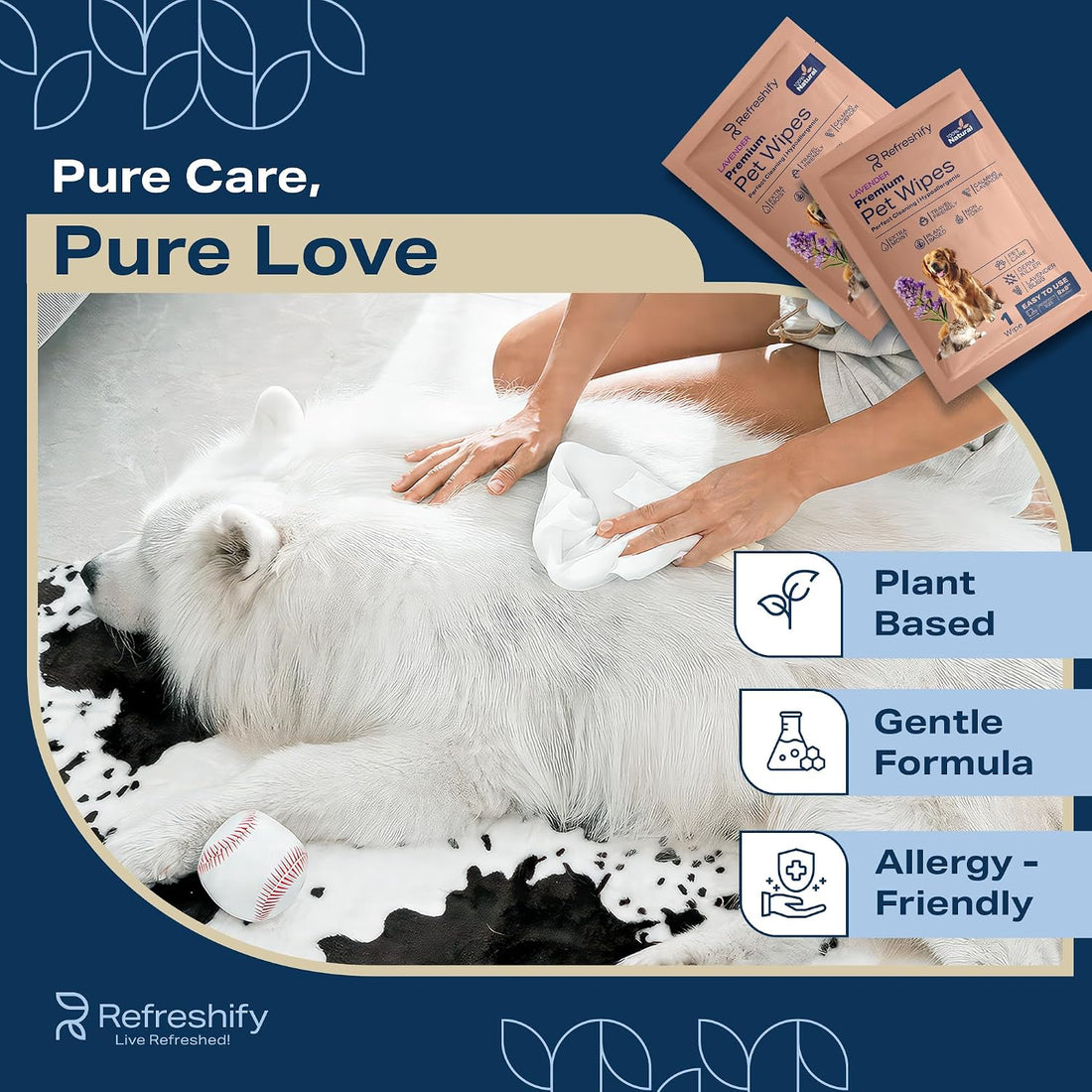 REFRESHIFY Dog Wipes for Paws and Butt - Plant Based Lavender Scented