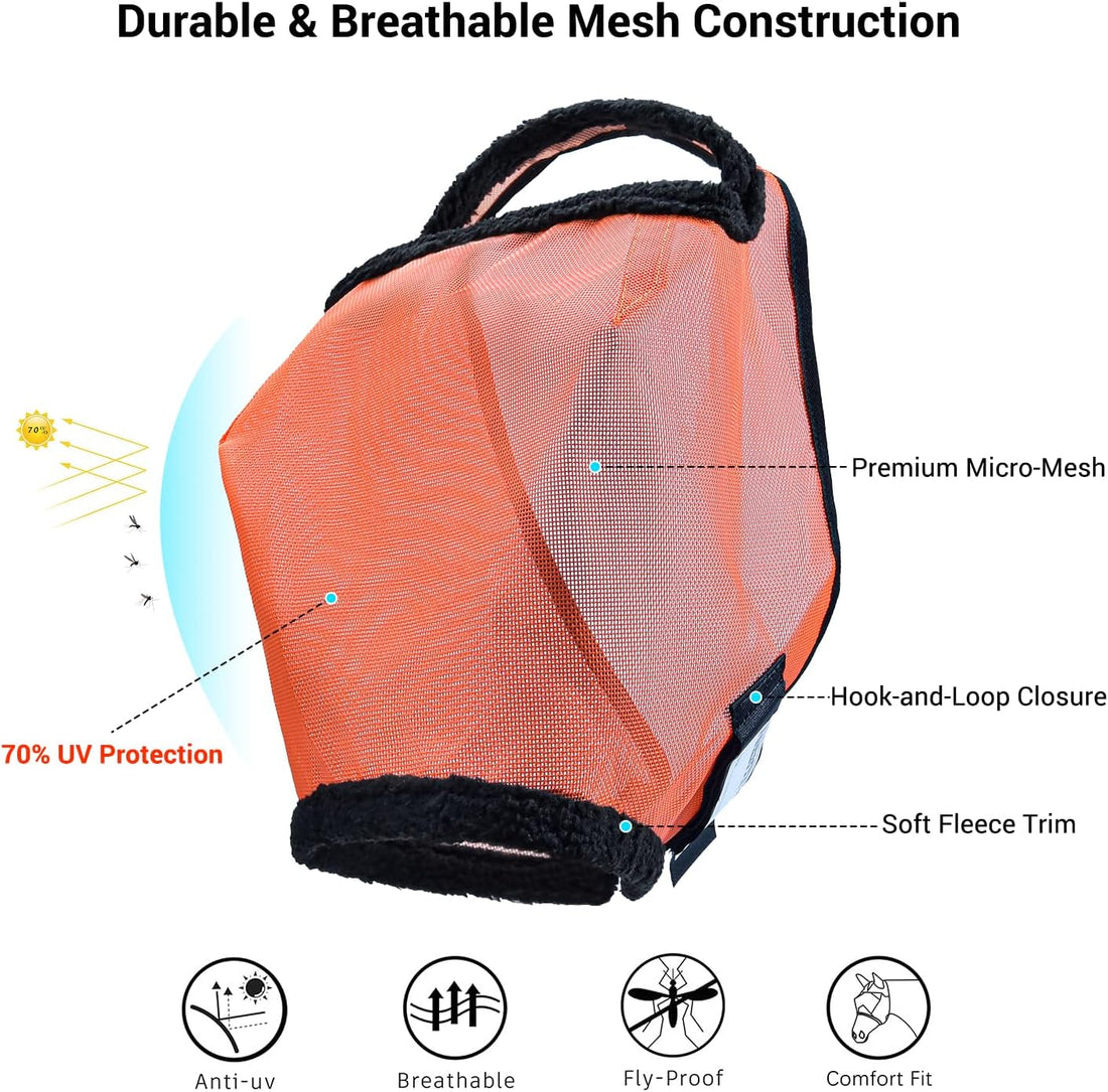 Fly Mask Without Ears for Horses, UV Block & No-Rub (Orange, L)