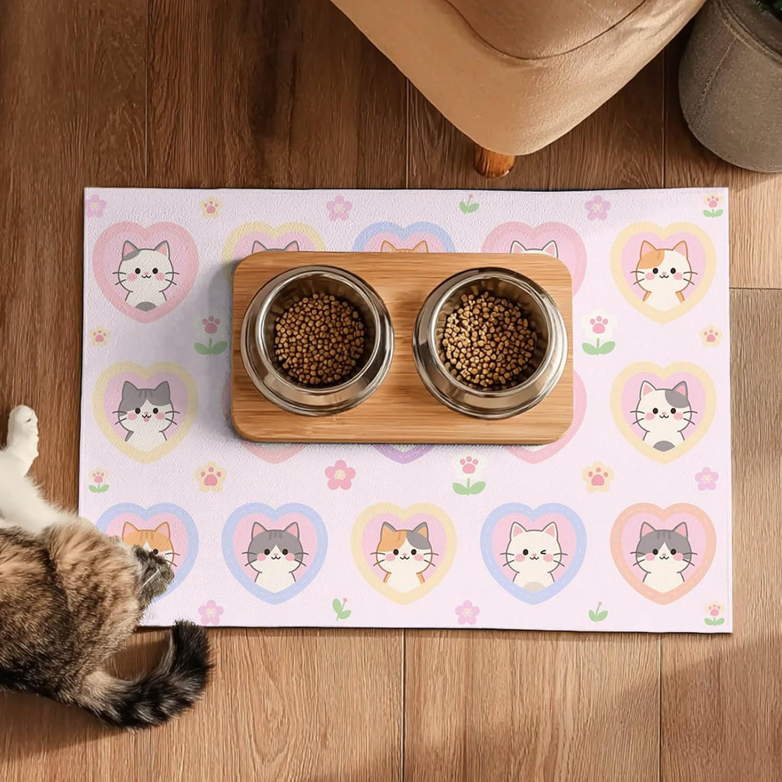 HOMETITUTE Cat Feeding Mat Pink Heart Kitten Bowl Placemat 20 x 12