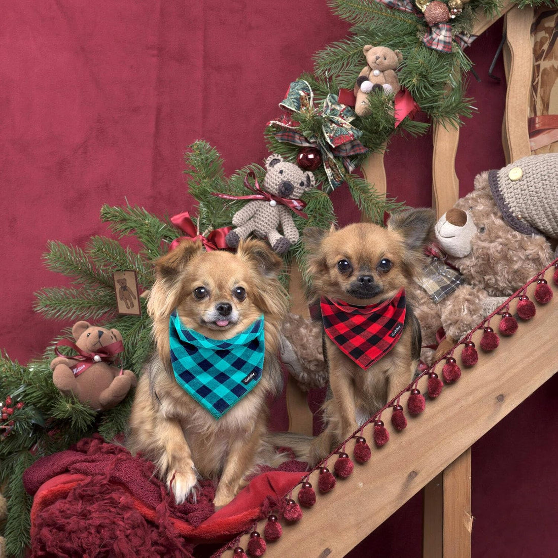 Christmas Dog Bandana Large Cotton, Red Black Buffalo Plaid Scarf