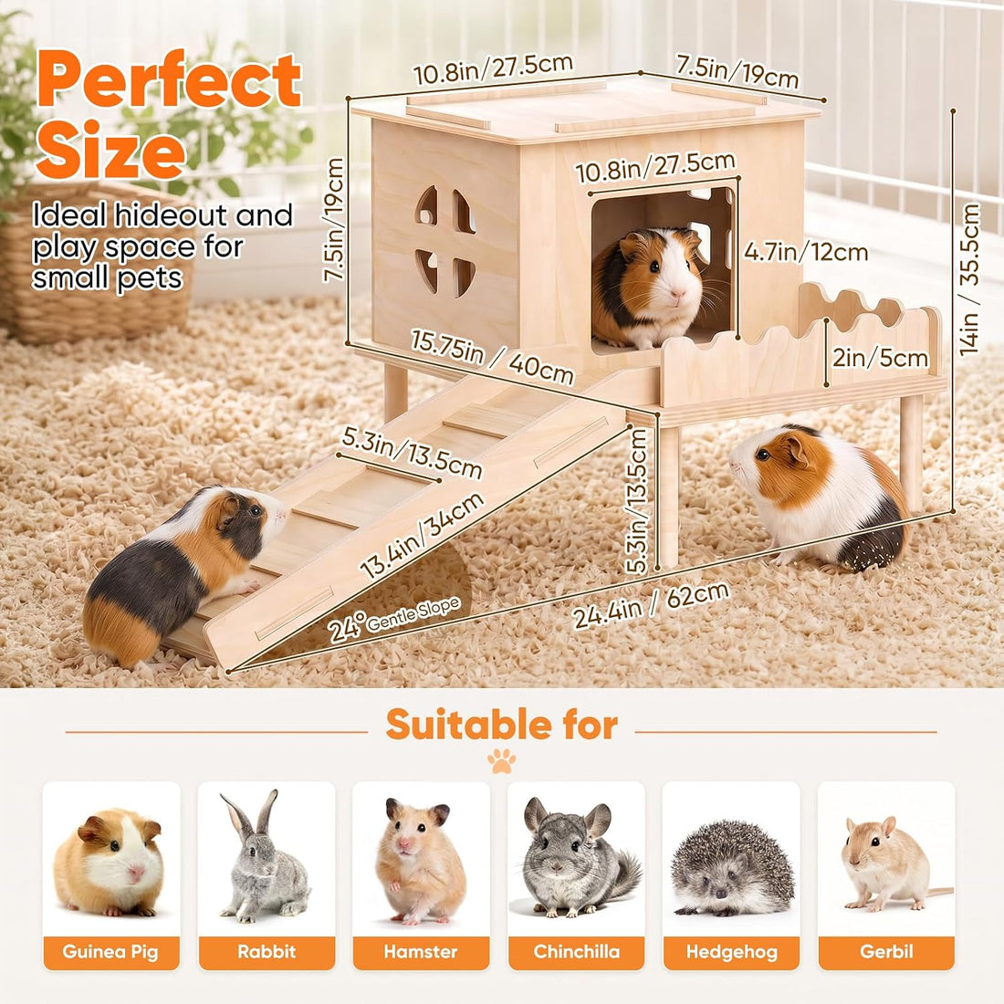 Guinea Pig Hideout, Guinea Pig House & Castle with Ramp, Platform