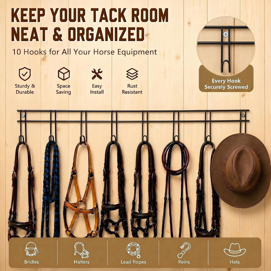 Yaocom 10 Hook 2 Pcs Bridle Hooks Tack Room Metal Wall Hangers Rack