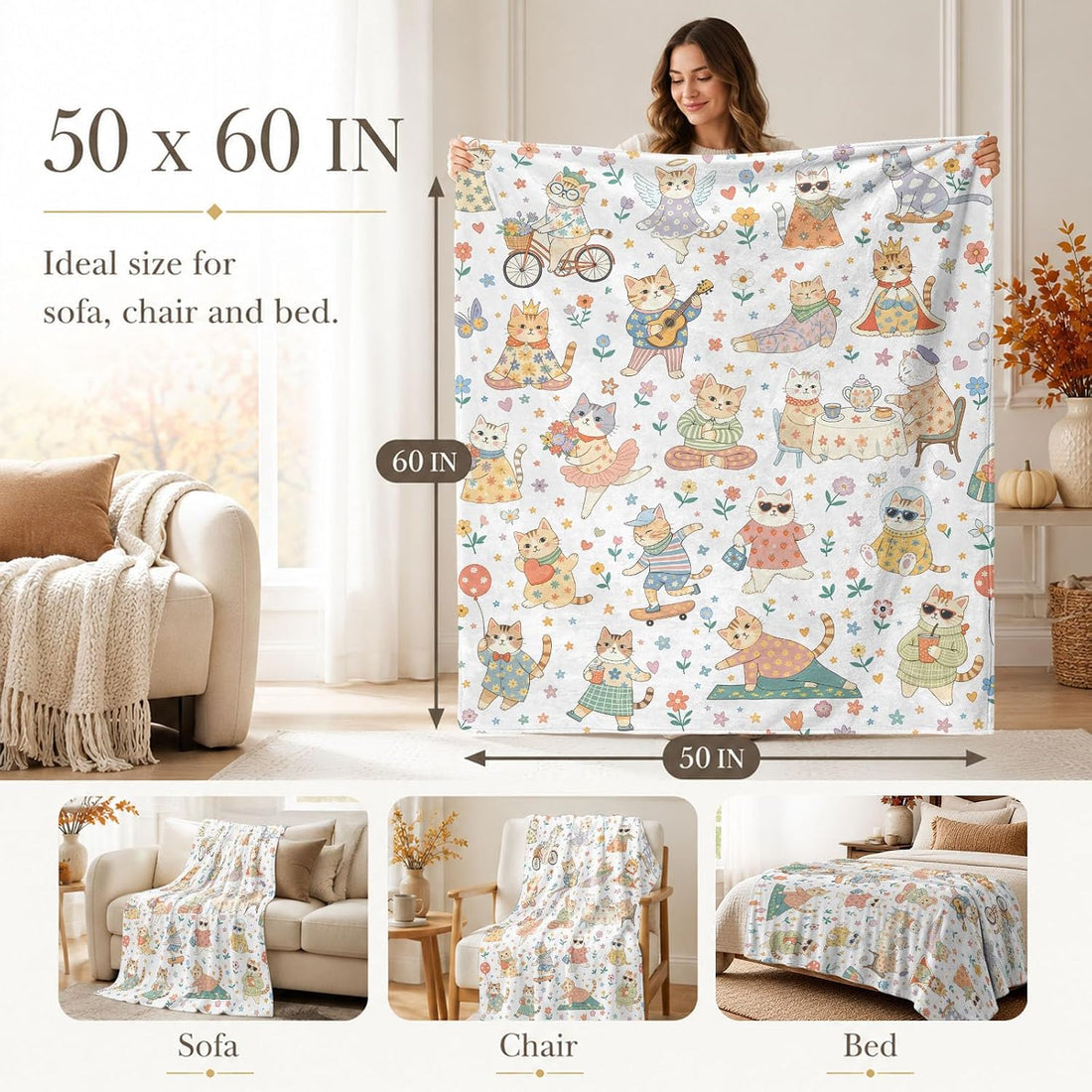 Fall Cute Sweater Cat Colorful Floral Throw Blanket 50 x 60 Inch