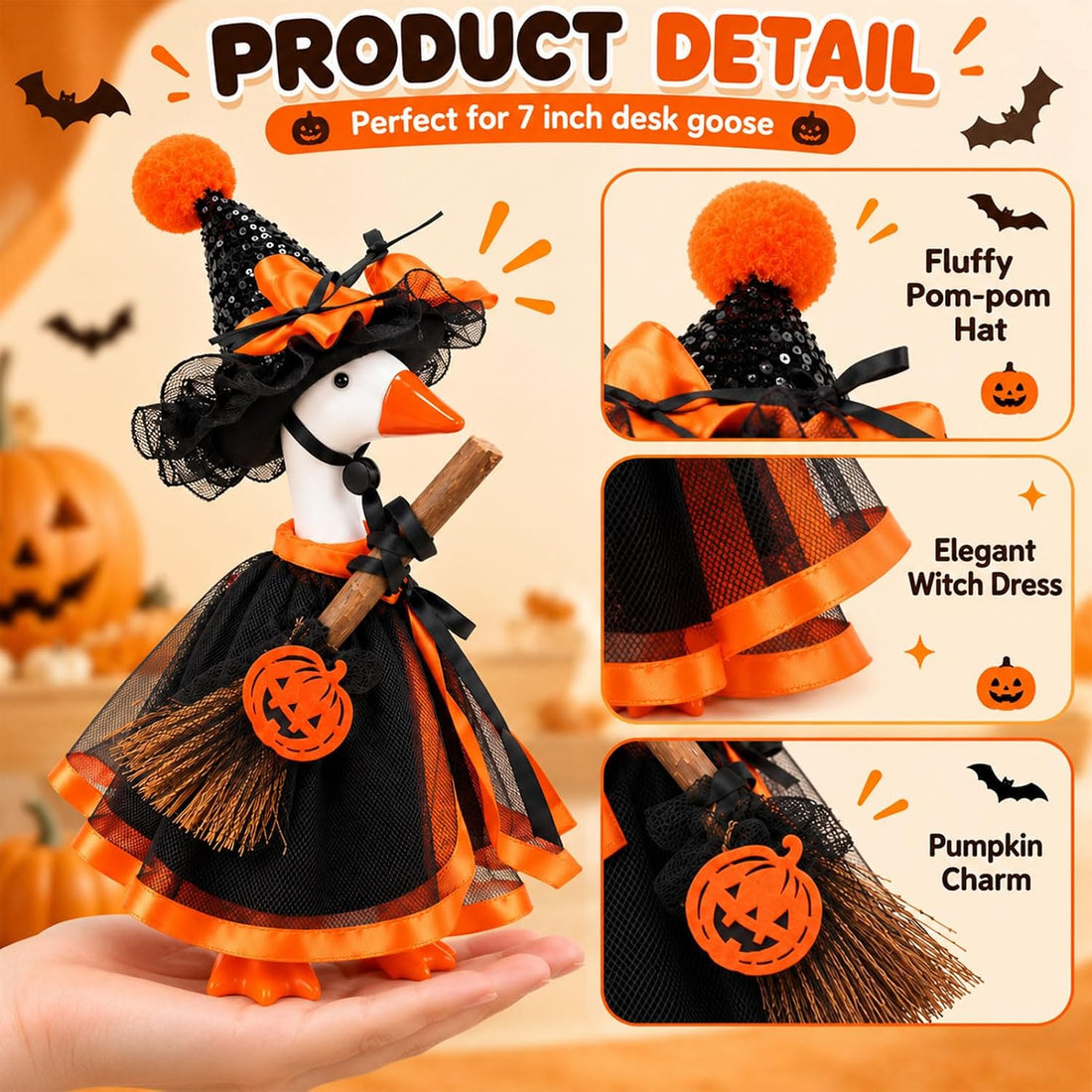 Halloween Desk Goose Clothes for 7 Inch Statues, Witch & Ghost 2-Pack