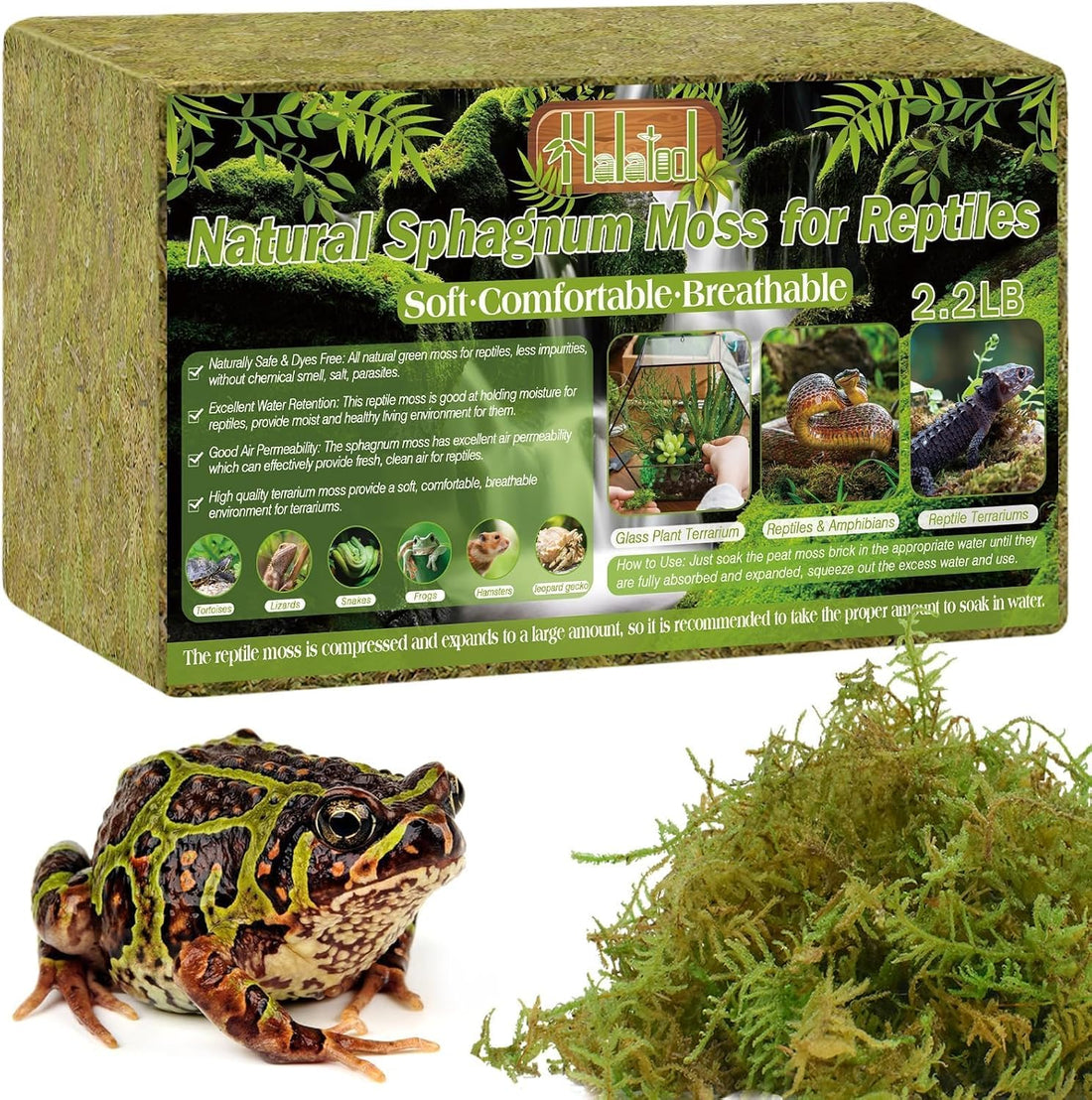 Halatool 9 OZ Sphagnum Moss for Reptiles - Green Terrarium Moss