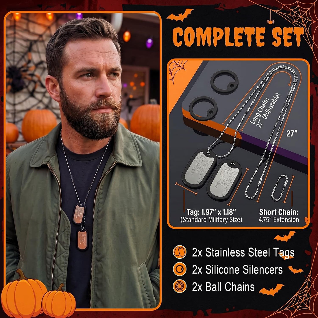 Stainless Steel Military Dog Tag Set with Chains and Silencers