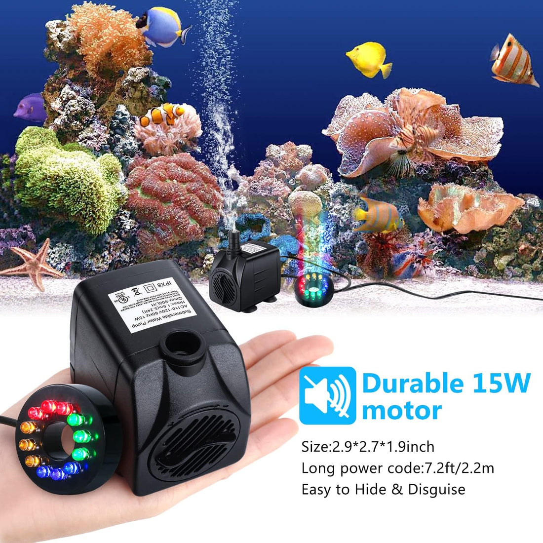 CWKJ Fountain Pump with LED Lights, 220GPH Submersible Water Pump