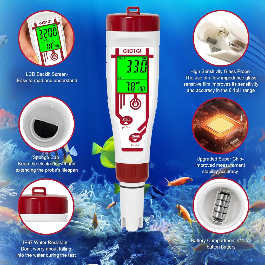 Aquarium Salinity pH Meter,Digital Pool Salt Tester
