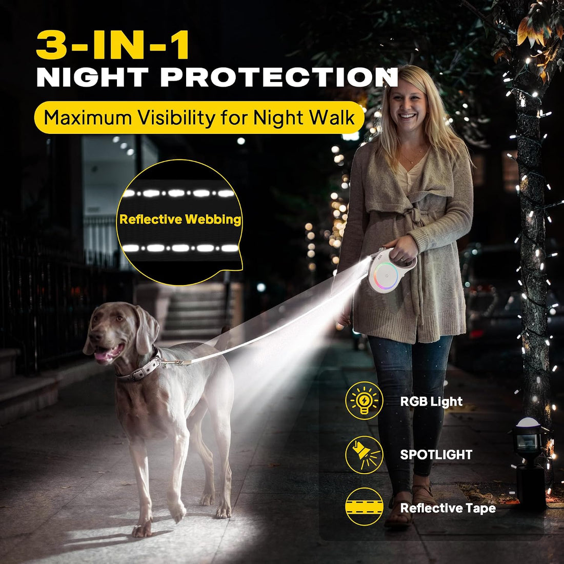 Fida Retractable Dog Leash with Light, 16 FT