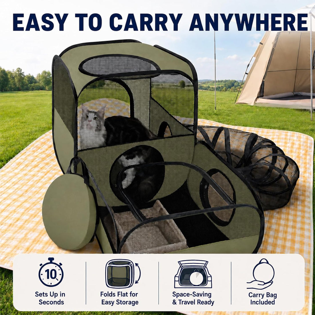 Cat Playpen with Tunnel, Foldable Indoor & Outdoor Cat Enclosure