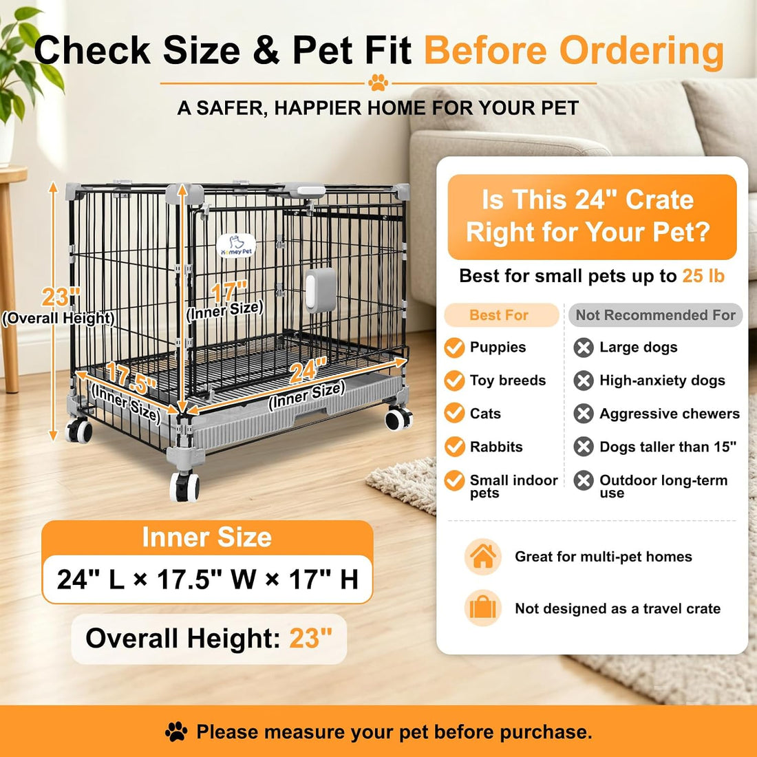 Homey Pet 24 Inch Stackable Small Dog Crate for Puppy with Wheels