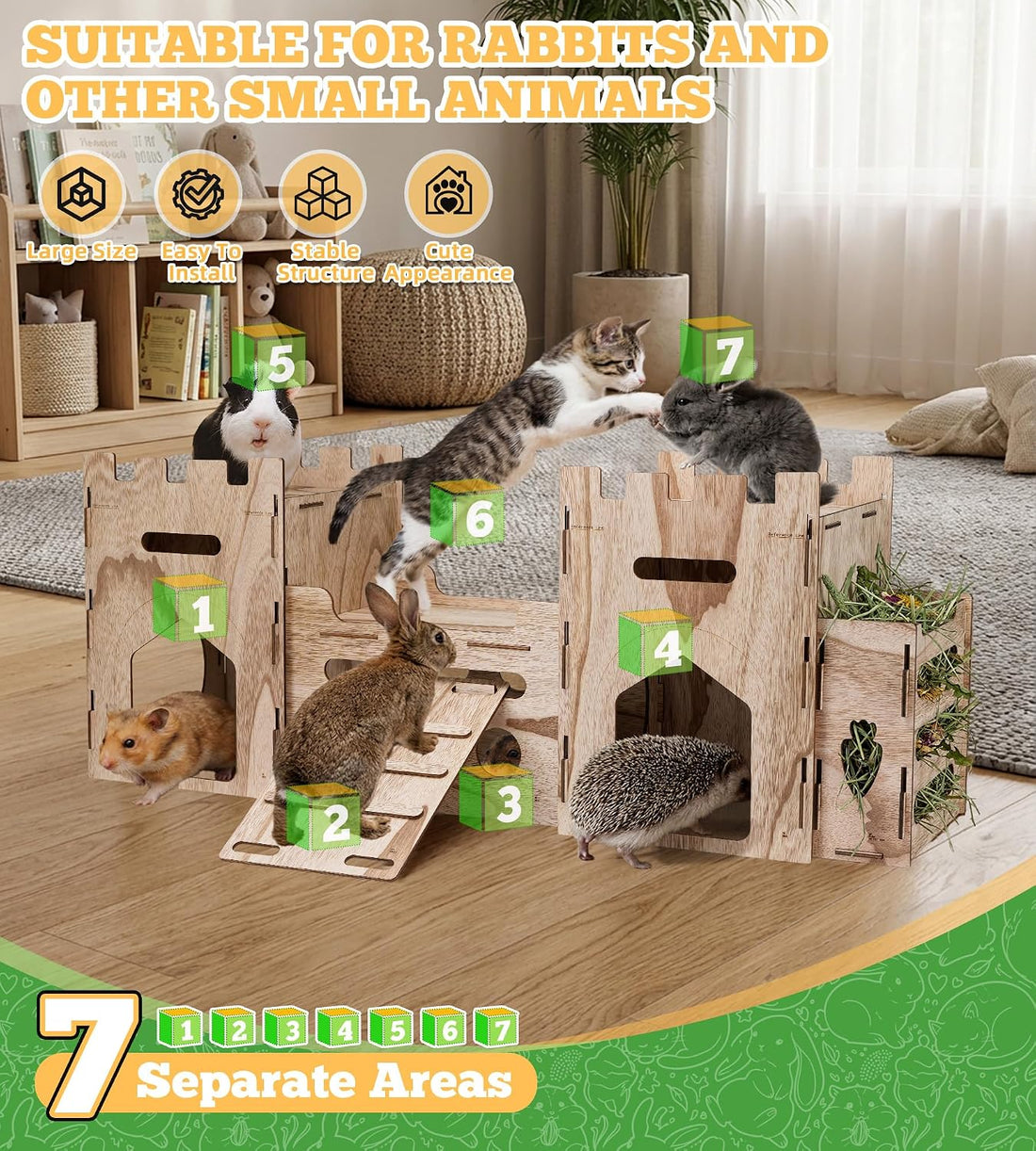 HIIMALEX Large Wooden Bunny Castle Rabbit House Indoor Small Animal