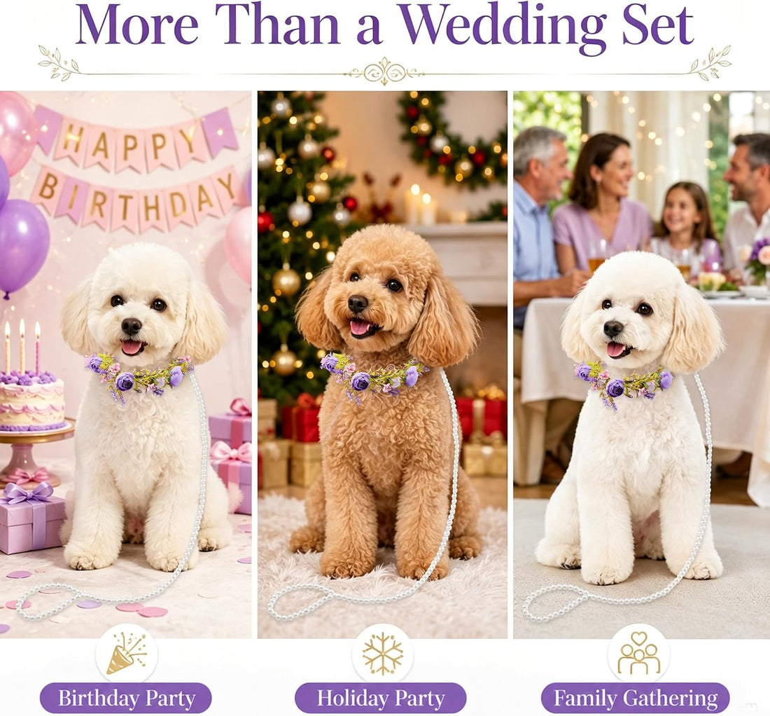 Dog Wedding Flower Collar with Pearl Leash,2 PCS Purple Rose